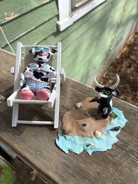 Handmade Cow Figurine in Polka Dot Bikini with Beach Scene